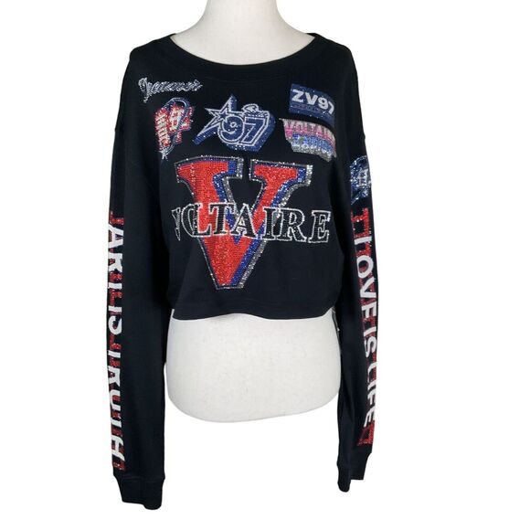 Zadig & Voltaire Black Rhinestone Embellished Cropped Sweatshirt Size XS - Picture 1 of 9